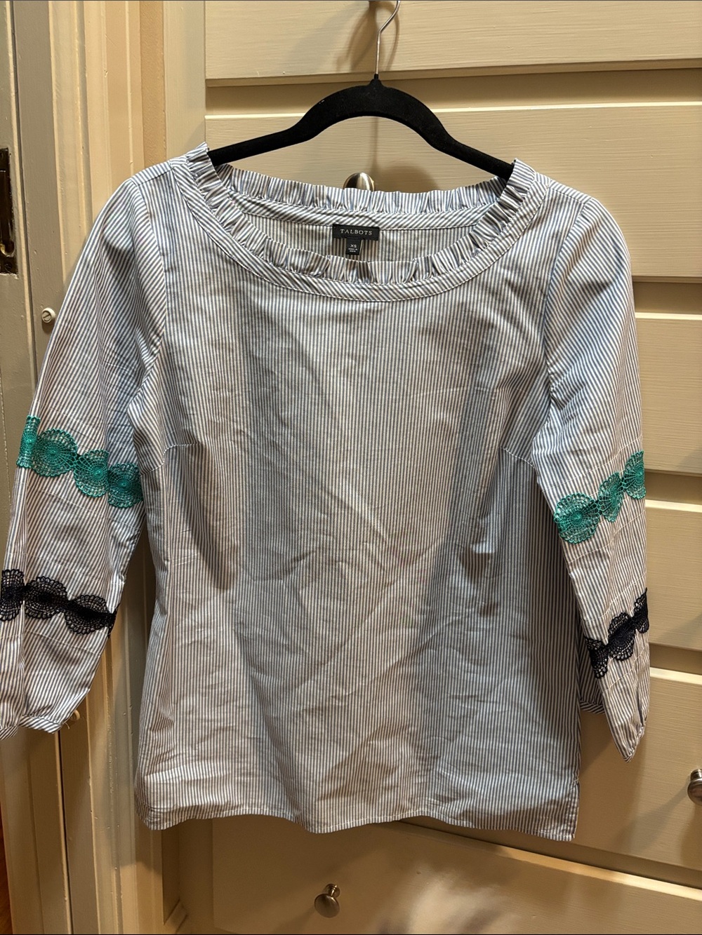 Talbots Striped Boatneck Blouse with Green and Black Lace Sleeve Trim